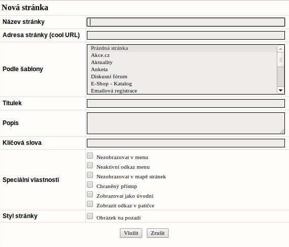 4.2 Založení nové stránky Pro založení nové stránky je potřeba kliknout na tlačítko Vložit stránku v kontextovém menu (viz obr. 6).