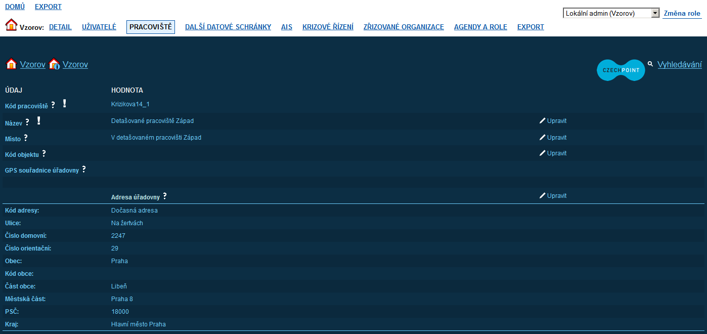 Zobrazí se obrazovka s údaji daného pracoviště: Údaj pracoviště změníte po kliknutí na odkaz Upravit v pravé části obrazovky.