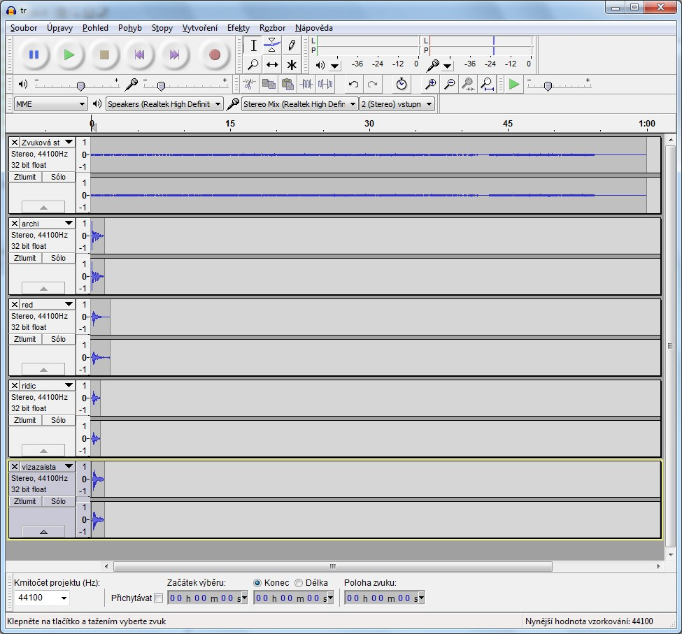Přidání dalších zvuků Audacity je vícestopý