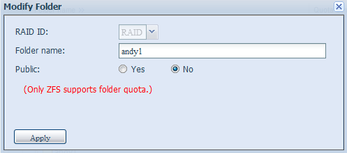 Přidat složku Položka RAID ID Název složky Veřejná Maximální velikost sdílené složky Provést Popis Název pole RAID, kde se bude nacházet nová složka. Zadejte název nové složky.