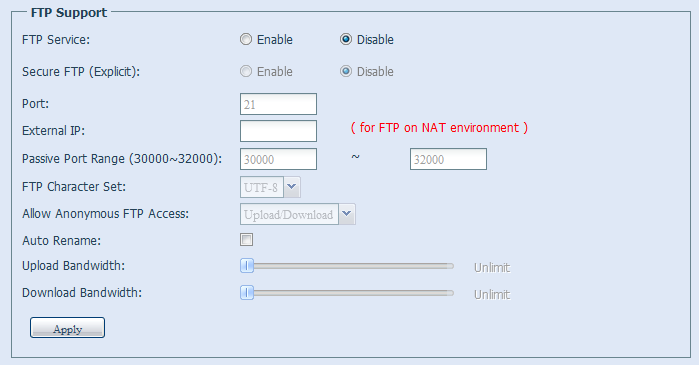 FTP IP úložiště Thecus může fungovat jako FTP server. Jednotliví uživatelé budou moci stahovat a nahrávat na ú ložiště soubory pomocí svých FTP klientů.