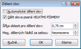 3. Následováním odkazu Možnosti dělení slov otevřete dialog pro určení detailních voleb pro automatické dělení: 4.