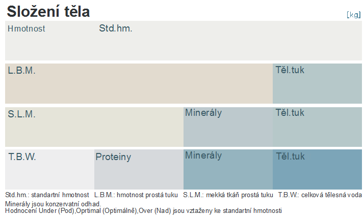 18 PROTEIN: Bílkoviny (proteiny) T.B.W.: Celková tělesná voda P.B.F.: Procento tělesného tuku B.M.I.: Index tělesné hmotnosti FATNESS: poměr aktuální tělesné hmotnosti ke standardní Level: Poměr mezi viscerálním a podkožním tukem V.