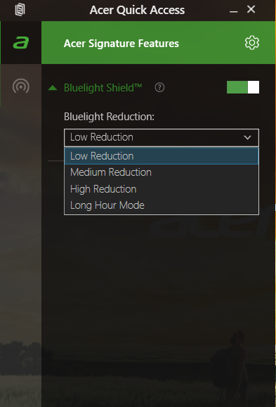 14 - Acer Bluelight Shield A CER BLUELIGHT SHIELD Acer Bluelight Shield lze povolit, pokud chcete omezit emise modrého světla z obrazovky kvůli ochraně zraku.