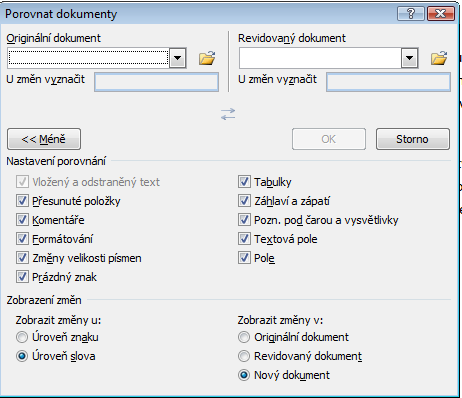 podkarta POROVNAT, ZÁMEK POROVNÁ DVA SOUBORY, rozdíly mezi nimi označí Porovnání dokumentů 1. POROVNAT 2. Vybereme orig.