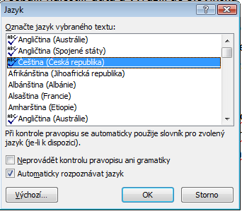 podkarta KONTROLA PRAVOPISU PRAVOPIS A GRAMATIKA 1. Kurzor na začátek textu nebo označíme text 2. PRAVOPIS A GRAMATIKA 3. V tabulce přeskakujeme slova, které nechceme opravovat PŘESKOČIT PRAVOPIS 4.