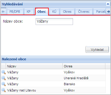 Obrázek 17 Vyhledávání KP 4.5.3 Obec Zadejte název obce a stiskněte tlačítko VYHLEDAT. V infopanelu se zobrazí jeden či více záznamů, odpovídající zadanému parametru.