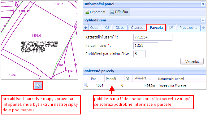 definičního bodu, se vpravo na informačním panelu zobrazí podrobnosti o parcele na