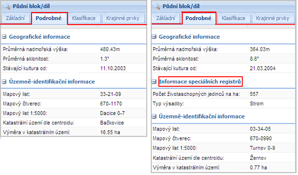 Informace speciálních registrů Klasifikace Obrázek 34 Informace o PB/DPB Podrobné S účinností od 1. 1. 2011 nebudou již PB/DPB zařazovány do oblastí LFA SX. U PB/DPB, které budou do 31. 12.