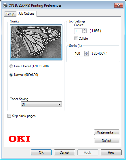 tiskových funkcí 1 Ovladač tiskárny XPS pro Windows Karta [Job Options] Praktické funkce tisku Karta [Setup] Print Quality Ovládá rozlišení tisku.