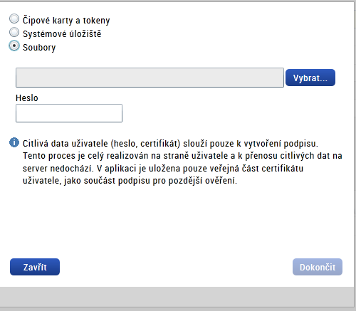 6.3. Výběr certifikátu ze souboru Žadatel zvolí možnost vybrat certifikát ze systémového úložiště a prostřednictvím tlačítka Vybrat