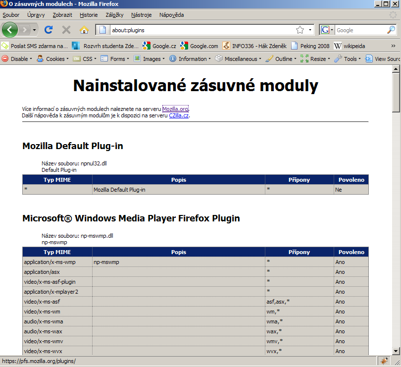 Pomocí příkazu about:plugins se nám zobrazí přehled nainstalovaných zásuvných modulů.
