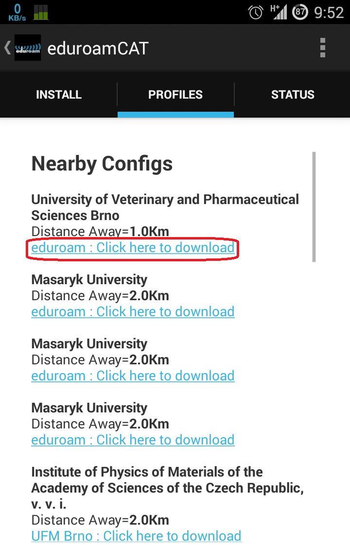 Nyní máte spuštěnou aplikaci eduroam CAT. Aplikace se podle vaší polohy bude snažit najít nejbližší instituce u kterých je dostupný eduroam.