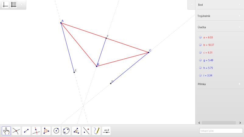 ností nastavíte barvu výplně a barvu a tloušťku čáry. V algebraickém okně vidíte vlastnosti objektů (souřadnice bodů, délky úseček, obsah trojúhelníku).