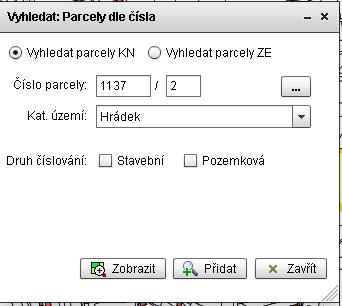 19 15. Vyhledávání 15.1. Hledáme parcelu podle čísla 1. Vybereme ikonu 2. Vyplníme číslo parcely 3. Vybereme katastrální území 4. Stiskneme tlačítko vyhledá v mapě a vypíše do tabulky 5.