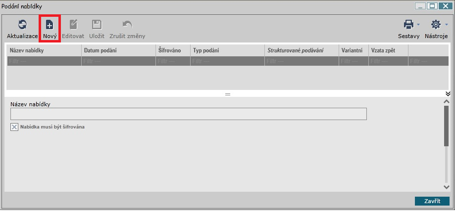 1 PODÁNÍ ELEKTRONICKÉ NABÍDKY Funkcionalita pro podání nabídky je dostupná z menu formuláře Veřejná zakázka - detail. 1.