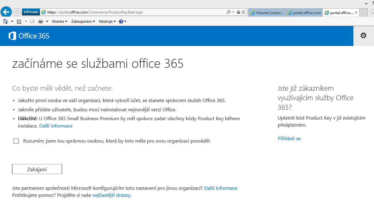 Aktivace nového tenanta / přidání licence ke stávajícímu tenantu Přejděte na adresu https://portal.office.com/commerce/productkeystart.