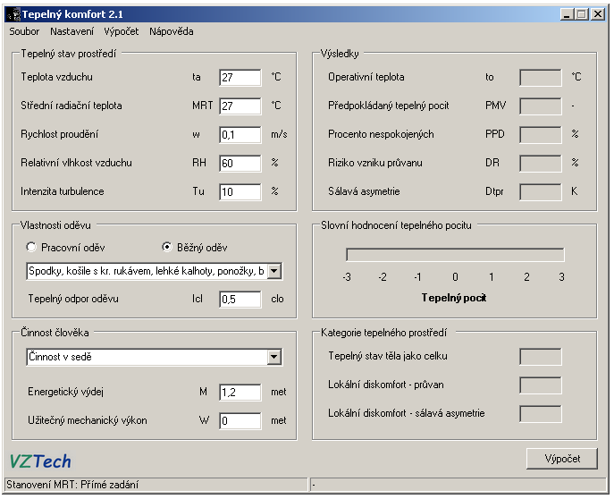 Tepelný komfort. 4.. Hlavní formulář Hlavní formulář zorazený na Or.