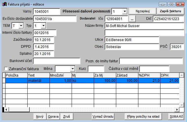 Faktury přijaté Nové položky jsou: TEM: T-Tuzemsko E-EU M-Mimo EU Evidenční číslo dodavatele: Program do této položky zkopíruje Varsy, ale pokud je na došlé faktuře uvedeno číslo dokladu odlišné od