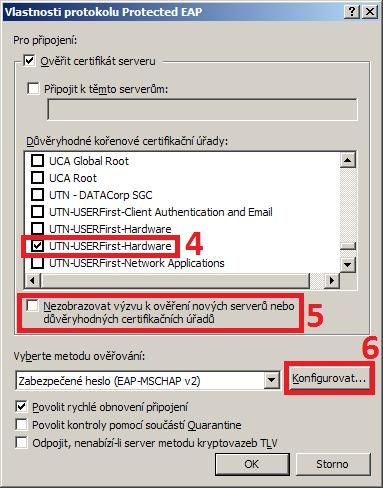 8. Na kartě Ověřování povolíme ověřování pomocí 802.1x, typ protokolu EAP nastavíme na PEAP a klikneme na tlačítko Vlastnosti. 9.