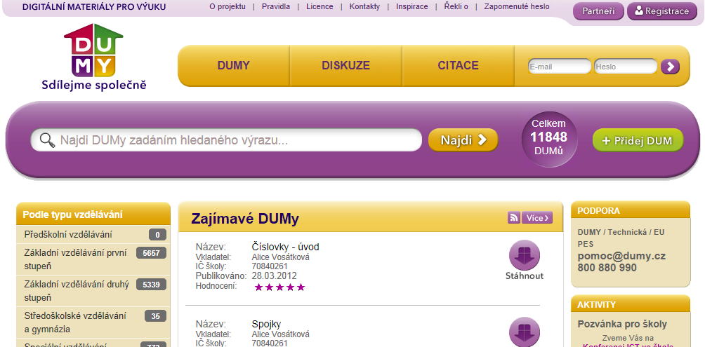 DUMy.cz Snadnost použití Vyhledávání Registrace
