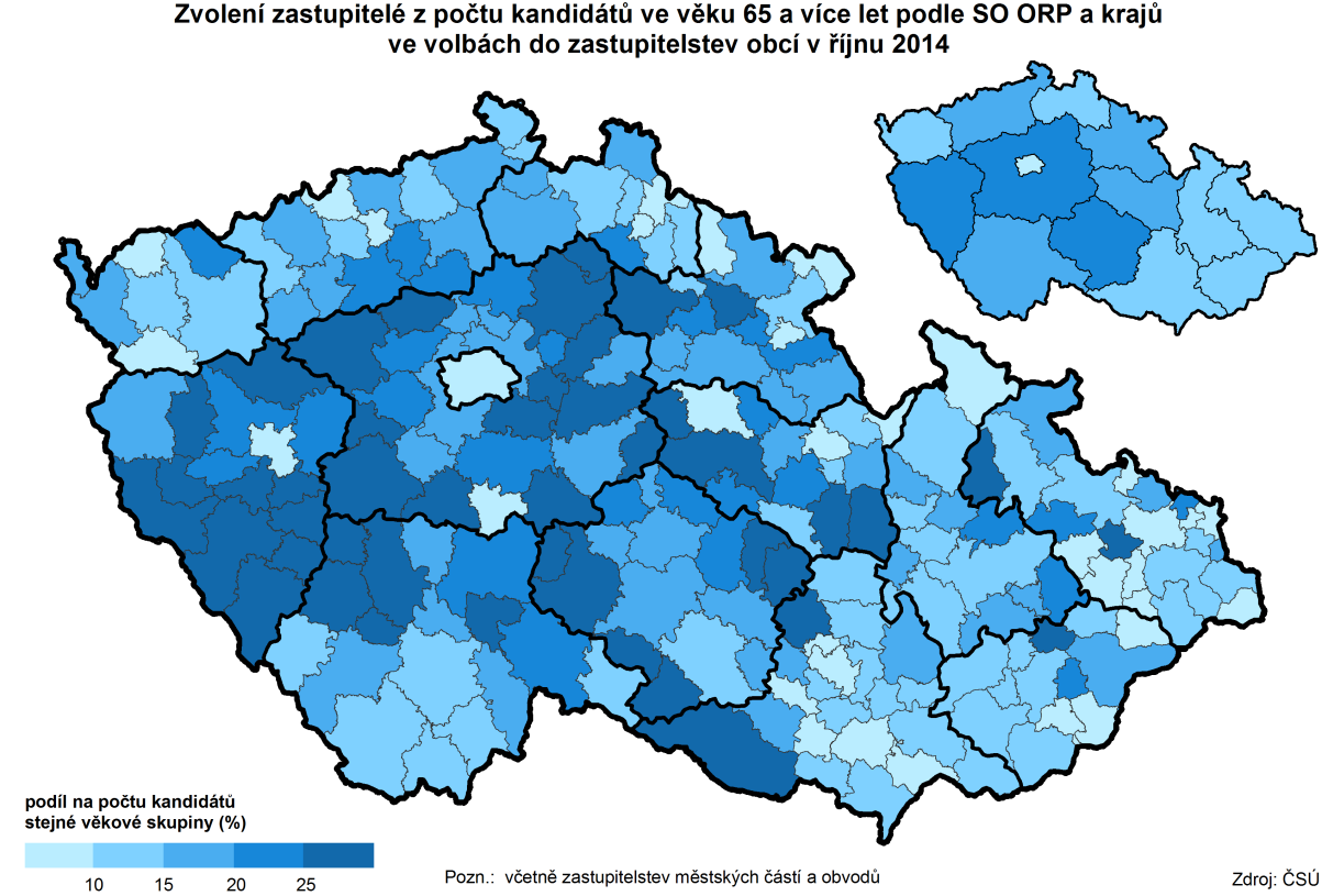 Nejnižší podíl žen mezi kandidáty (celkem bez ohledu na věk i mezi pětašedesátiletými a staršími) zjišťujeme v roce 214 na Českotřebovsku (27 %, resp. 16 %).