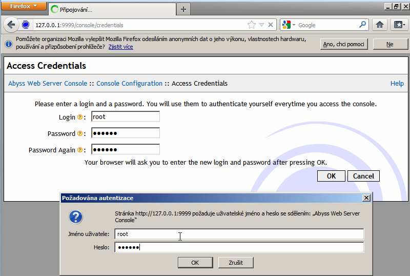 Pokud by se prohlížeč nespustil, spusťte jej ručně a do adresy zadejte http://127.0.0.1:9999/ Poté si zvolíte libovolné uživatelské jméno a heslo, pod kterým bude dostupná administrace webového serveru.