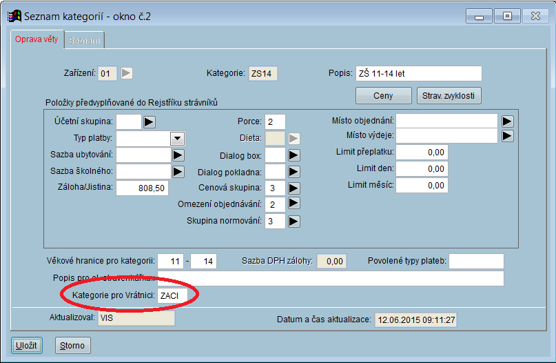 Kategorie pro docházkový program Z programu Stravné lze exportovat strávníky do docházkových programů VIS (Otvírač nebo Vrátnice).