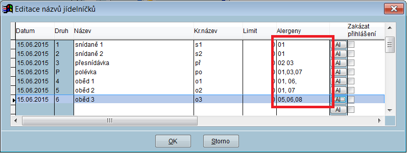 Ruční vyplnění čísel alergenů Funkce Editace jídelníčků byla doplněna o možnost ručního zápisu čísel alergenů.