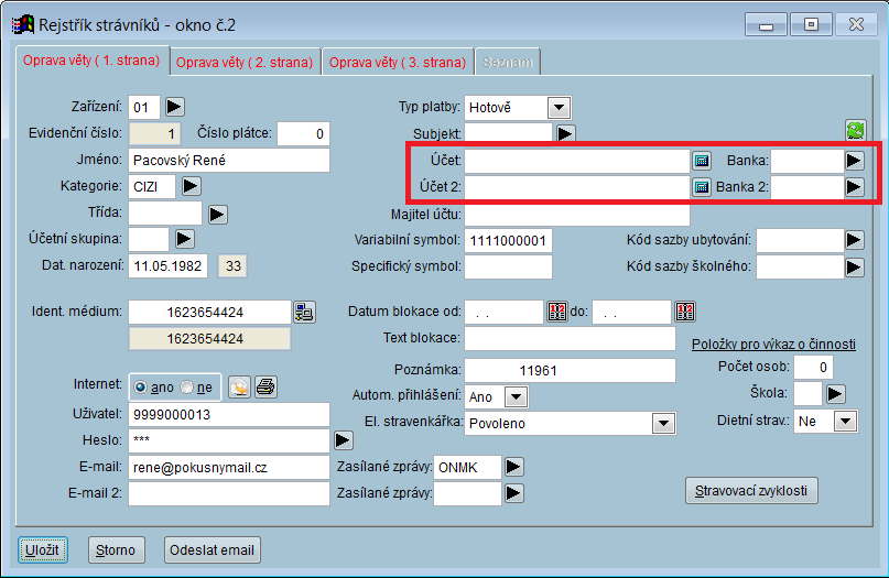 Dvě čísla účtů na kartě strávníka Na kartě strávníka lze vyplnit dvě čísla účtů. Toho lze využít u strávníků, kterým přicházejí platby od dvou plátců.