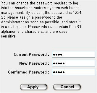 0. Klepněte na tlačítko System.. Klepněte na Password Settings (Zadání hesla). Password Setup Změna hesla administrátora Při změně nastavení modemu v budoucnu bude požadováno toto heslo.