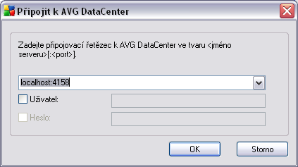Obecná forma připojovacího řetězce je: http://adresa_serveru:port, kde: adresa_serveru reprezentuje název či URL serveru, na kterém běží AVG Admin Server. port je port AVG Admin Serveru.