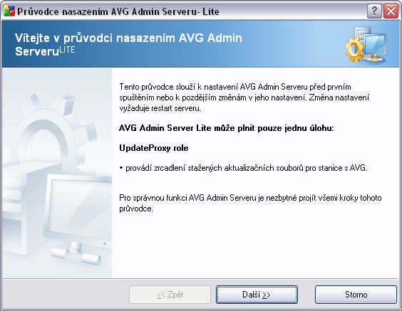 8.1. Průvodce nasazením AVG Admin Serveru Lite První dialog popisuje, k čemu je průvodce určen.