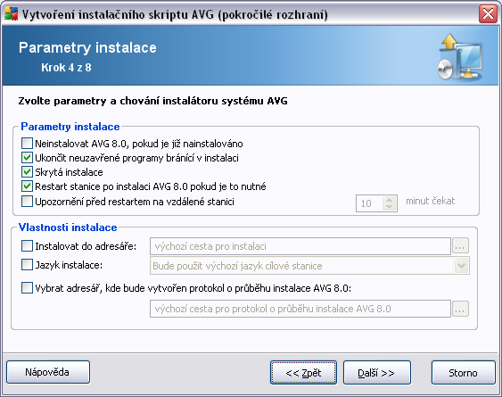 V sekci Parametry instalace lze vybírat z následujících voleb: Neinstalovat AVG 8.