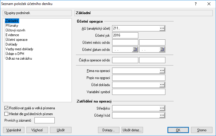 V deníku je možnost zobrazit doklad podle mnoha kritérií, které se zobrazí po stisku klávesy F5 (také CTRL+F apod.): 1. záložka Základní zde se stanoví číslo anal.