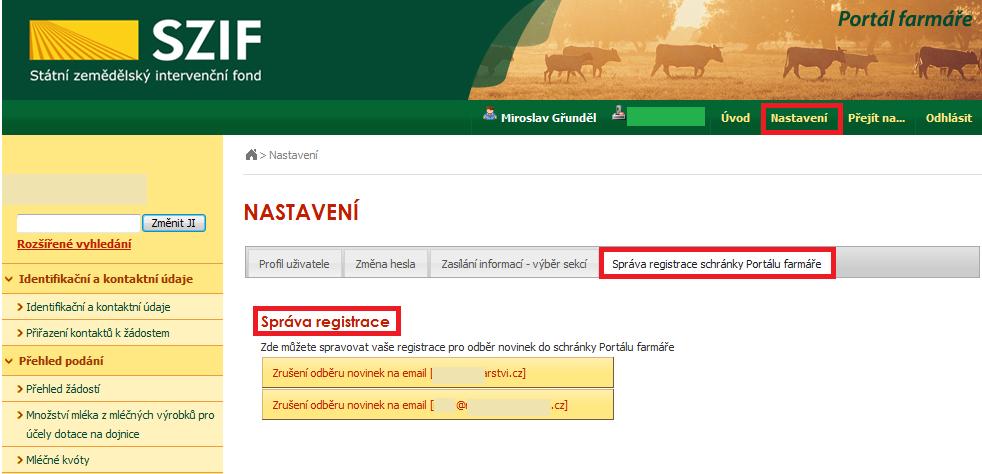 Portál Farmáře správa informačních emailů Na této obrazovce je možné celkově zrušit zasílání informačních emailů o novém dokumentu v sekci Odeslané dokumenty ze
