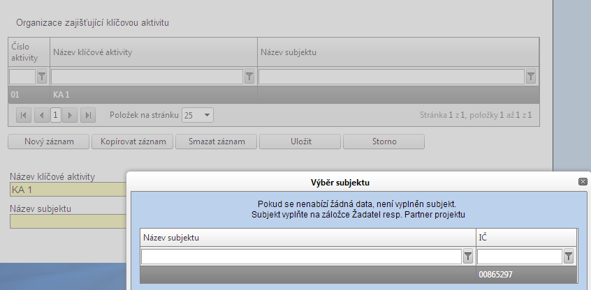 Klíčové aktivity pole Název subjektu - v případě, že nedošlo ke správné validaci, není zobrazen název