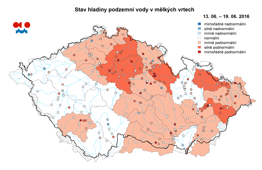 Mapa ukazuje stav podzemní vody ve sledovaných vrtech a oblastech povodí dle pravděpodobnosti překročení úrovně hladin v daném týdnu v referenčním období 1981 2010 (viz text).