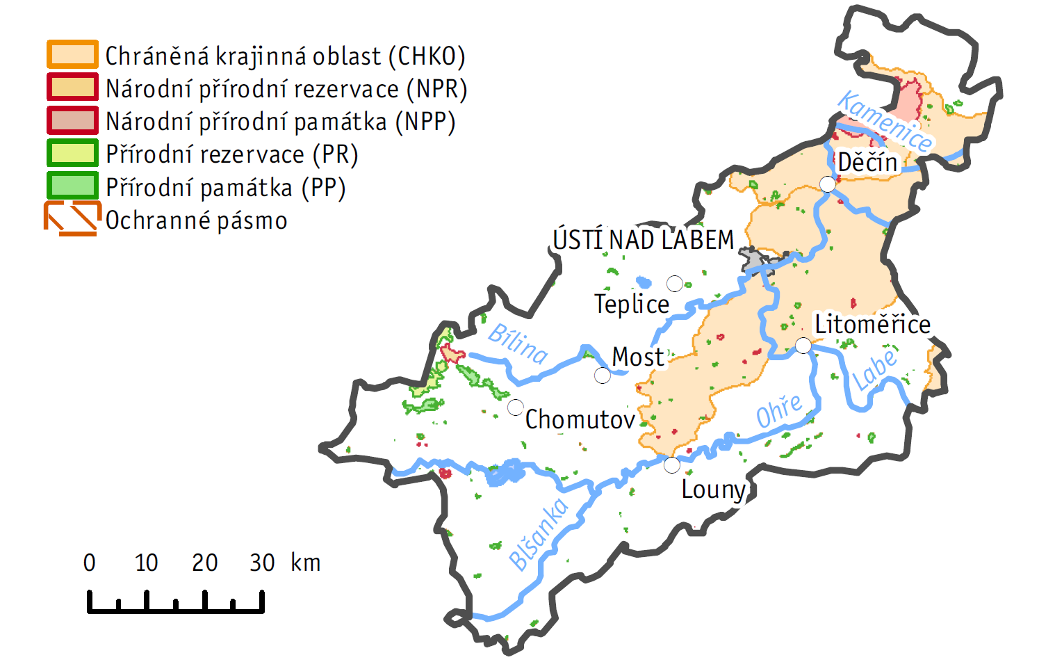 4 Ochrana přírody 4.1 Územní a druhová ochrana přírody Na území Ústeckého kraje se v roce 2014 nacházelo, nebo do něj zasahovalo, pět velkoplošných zvláště chráněných území (Obr. 4.1.1).