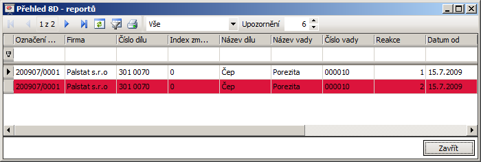 4.2.7 Přehled 8D V tomto okně lze zobrazit 8D - reporty: - Neodeslané - Odeslané - Všechny U neodeslaných reportů lze nastavit lhůtu, kolik dnů předem se mají probarvit růžovou barvou.