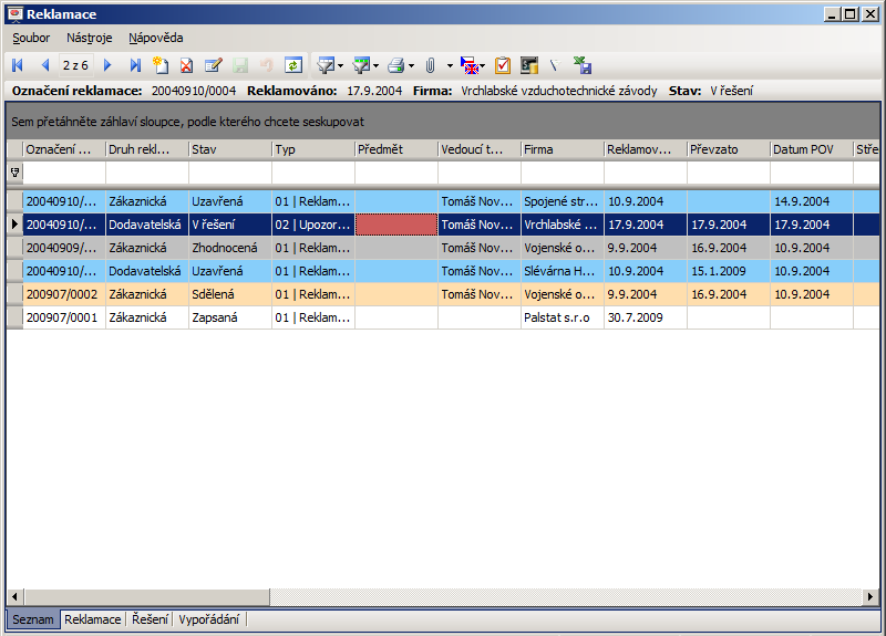 3 Hlavní záložky programu 3.1 Záložka Seznam Na této záložce je uveden seznam zapsaných reklamací.