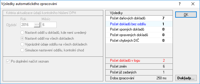 Nastavit oddíl u dokladů, kde není uvedený = nastaví oddíl pouze tam, kde již oddíl hlášení není vyplněný (tzn.