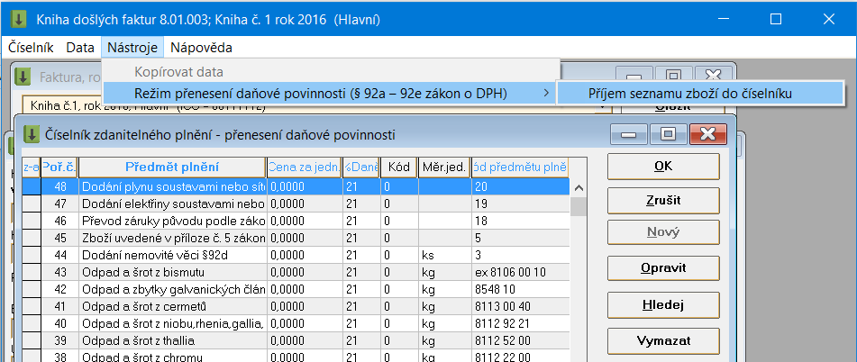 HELIOS Fenix, subsystém eknmických infrmací Evidence DPH 36/48 Číselník zdanitelnéh plnění (tj.