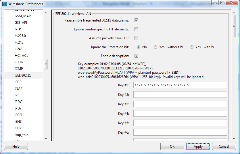 Na závěr ještě malá ukázka možností analyzátoru Wireshark. V programu Wireshark lze dosáhnout dešifrování datových rámců, tím, že vložíme WEP/WPA klíč. Můžeme vložit dokonce více klíčů pro různé sítě.