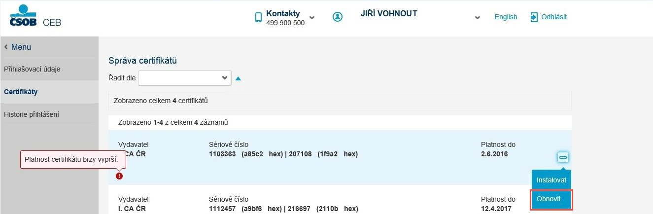 Pak už jen klikněte na 3 tečky napravo od certifikátů, u kterých chcete obnovu provádět (systém