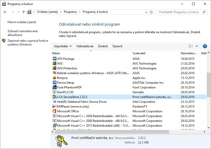 7 Odinstalace I.CA SecureStore MS Windows Vista se všemi aktualizacemi Klikněte na Start a vyberte možnost Ovládací panely. Windows 8, 10 1. Použijte funkci vyhledávání k vyhledání Ovládacích panelů.
