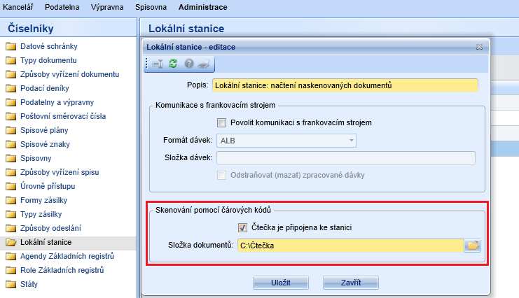 13. Načtení naskenvanéh subru pmcí čtečky čárvých kódů Nastavení v mdulu Administrace Číselníky Lkální stanice Na frmuláři Lkální stanice je ptřeba