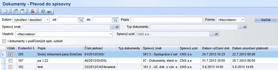 Mdul Kancelář Převdy d spisvny Převd dkumentů / Převd spisů / Návrhy d spisvny Převd dkumentů: Na frmuláři