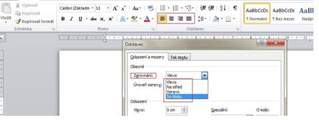 Odstavec zarovnání textu Zarovnání