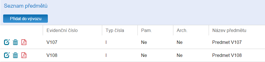 Další možností, jak přidat předmět do vývozu, je v záznamu vývozu pomocí tlačítka Přidat do vývozu.